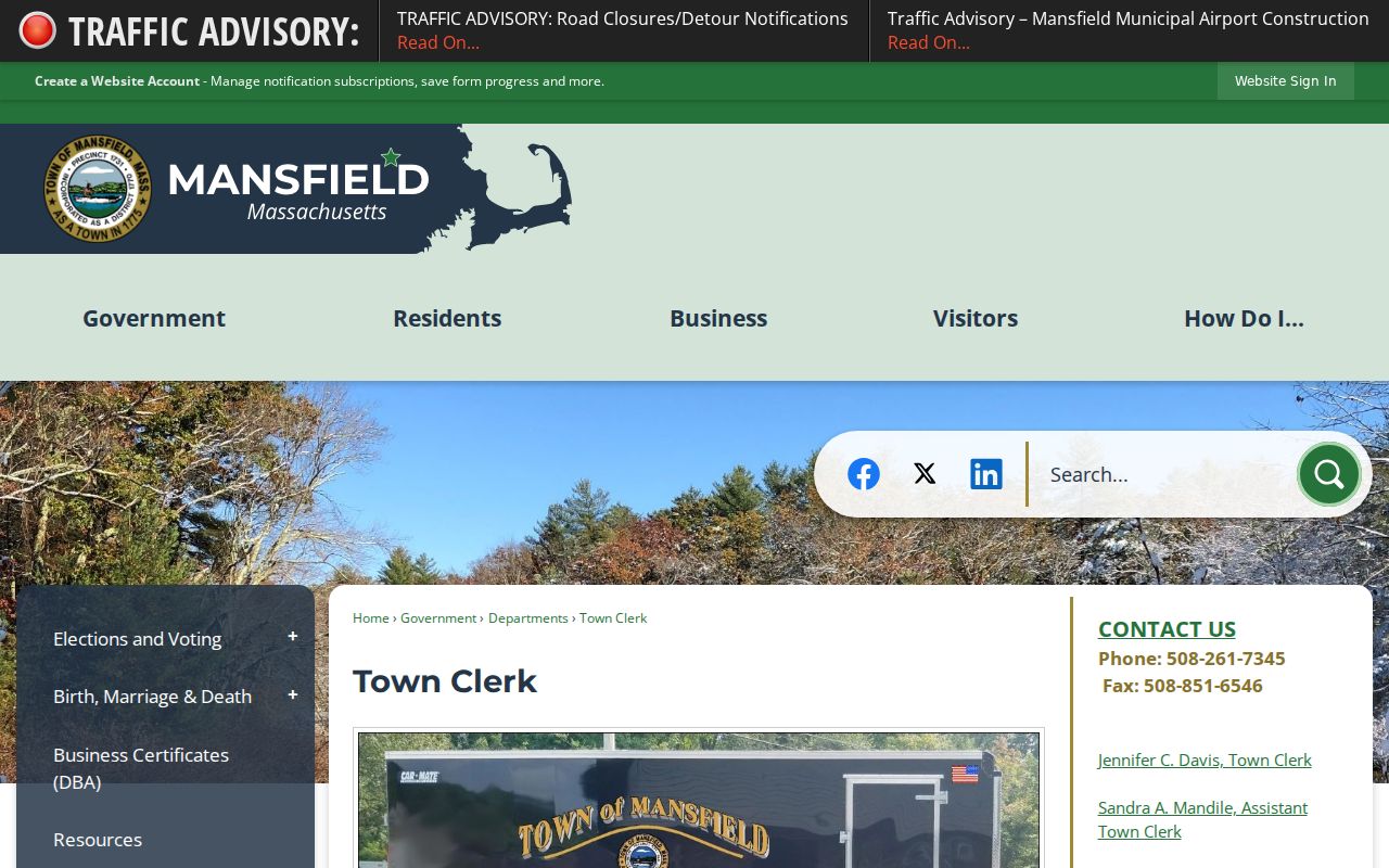 Mansfield residents directory Town Clerk records office