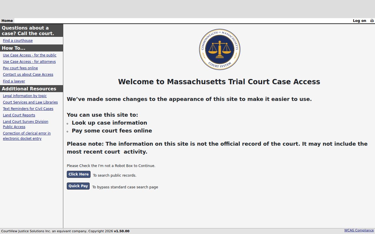 Mansfield resident lookup MassCourts public search entry screen