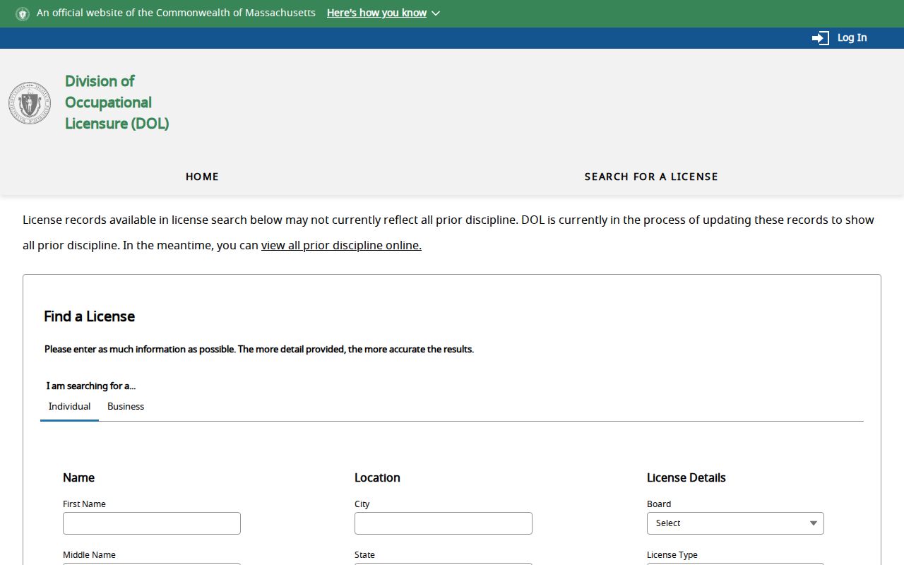 Mansfield resident lookup Massachusetts professional license search