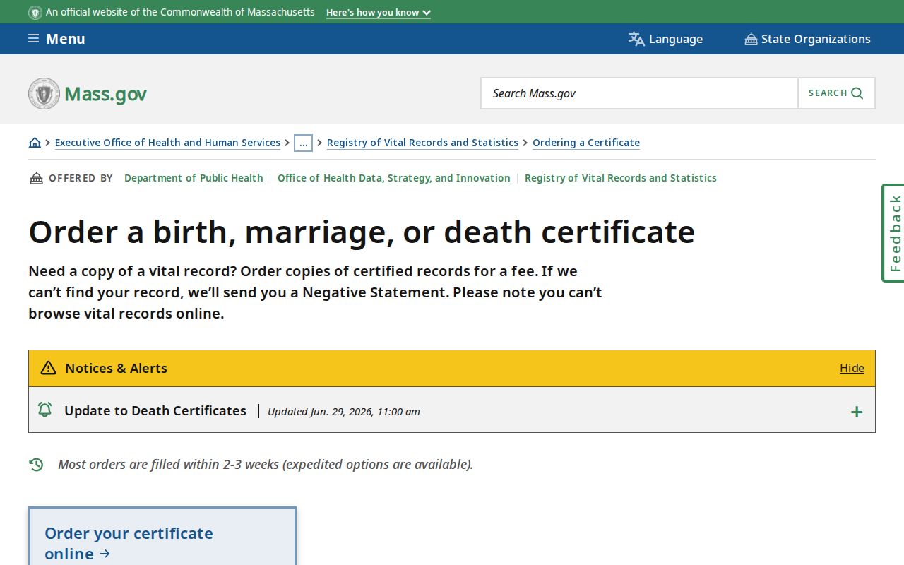 Mansfield resident lookup Massachusetts vital record ordering information